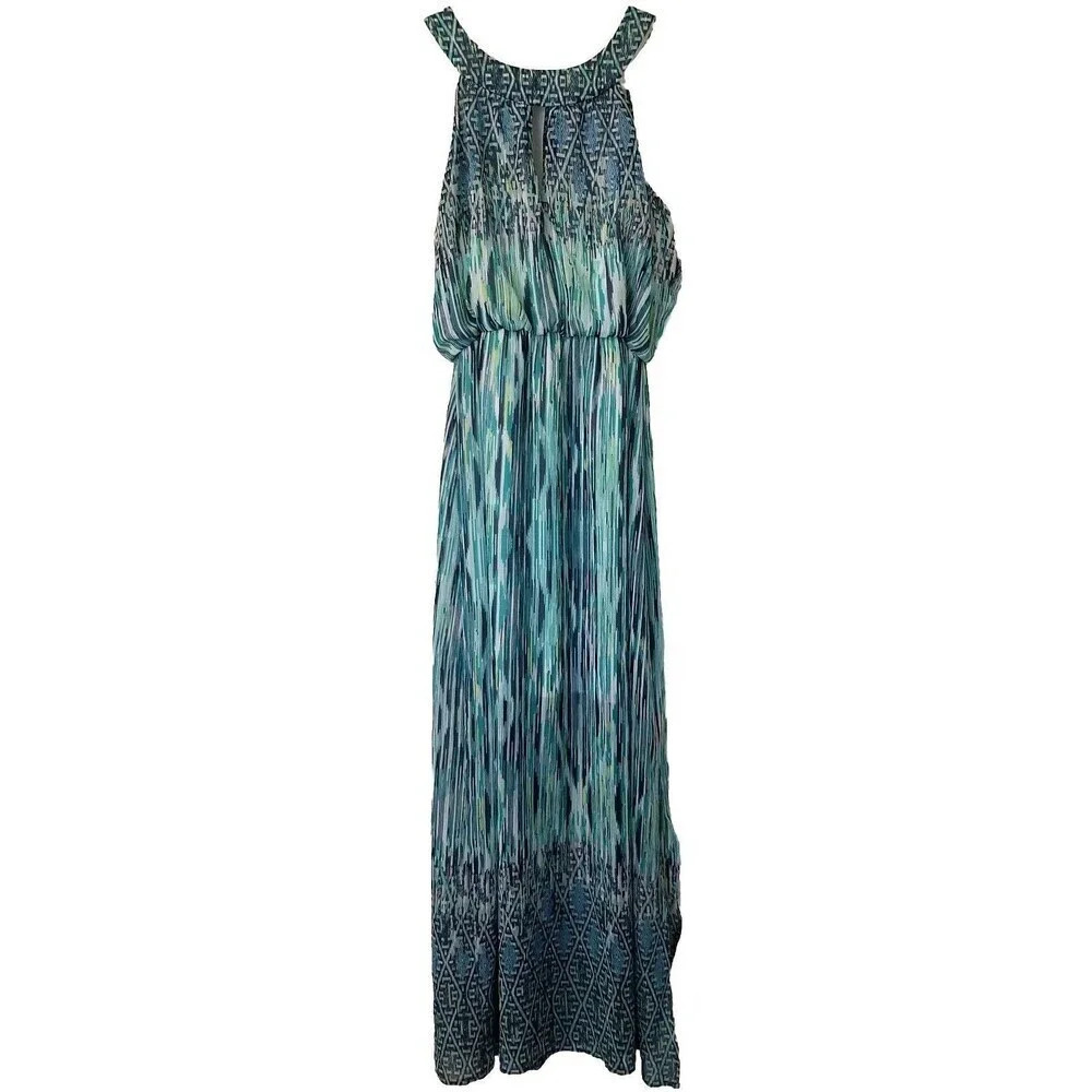 Enfocus‎ Teal Blue size 6 Ikat Geometric Halter Neck Maxi Dress Boho Summer